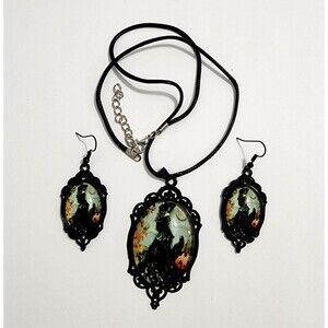 Goth Witch Portrait Necklace & Earrings Cabochon Pendant Corded Photo Glass Dome